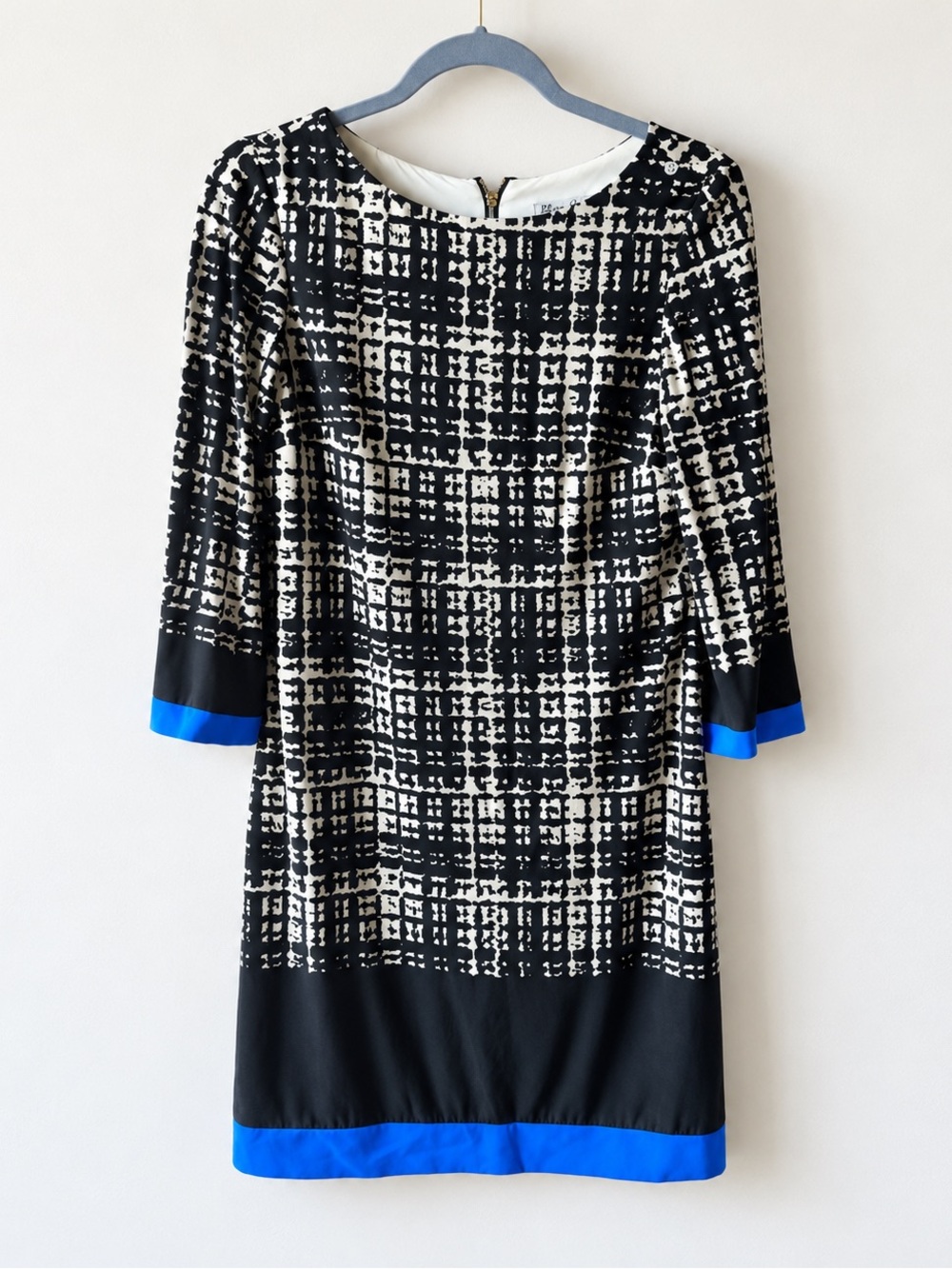 Eliza J Black White Abstract Print Blue Trim Dress GUC 4 #1072